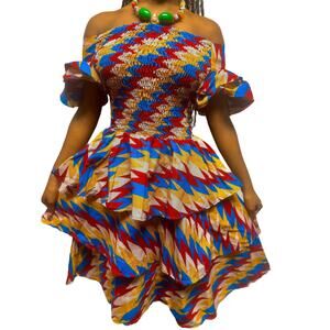 Beautiful African print flowy shoulderless dress with ruffles and cinched waist